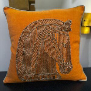 Vintage Jonathan Adler Pale Orange Gold Beaded Horse Pillow